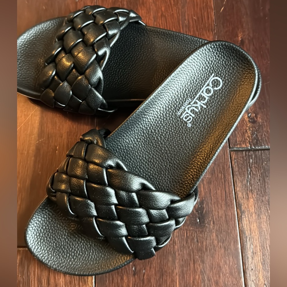 Corky black braided slides